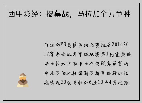 西甲彩经：揭幕战，马拉加全力争胜