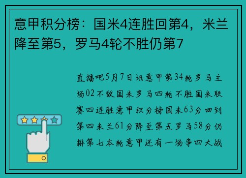 意甲积分榜:国米4连胜回第4,米兰降至第5,罗马4轮不胜仍第7